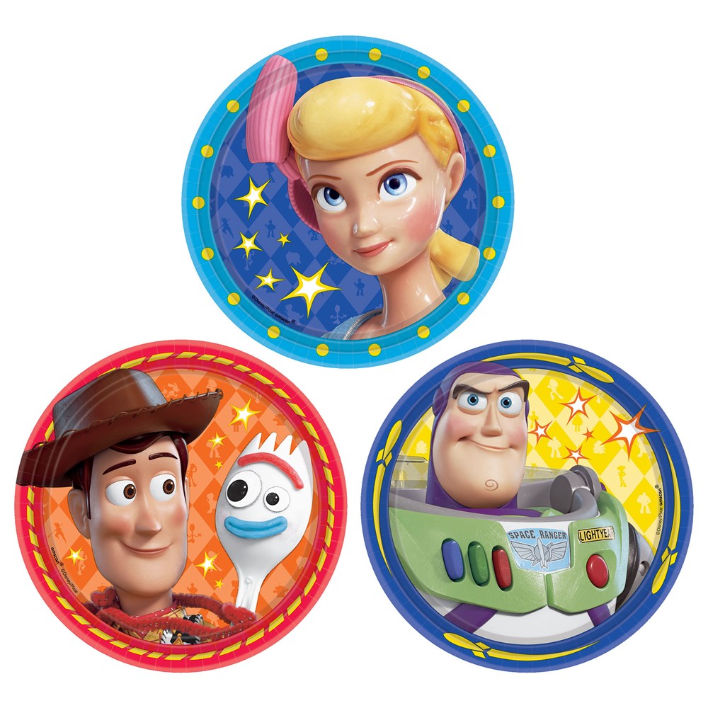 Set of three 7-inch round plastic plates featuring Toy Story 4 characters Bo Peep, Woody with Forky, and Buzz Lightyear on.