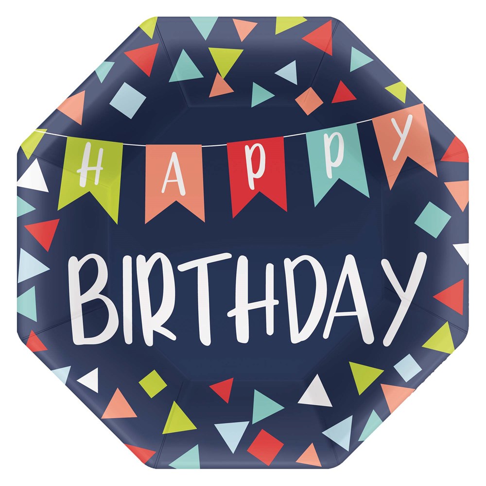 7-inch octagon paper plate with navy background, colorful confetti triangles, and "Happy Birthday" in festive banner and.