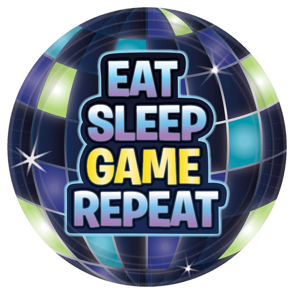 Round plate with "Eat Sleep Game Repeat" text in bold blue, purple, and yellow on a shiny blue disco ball background.