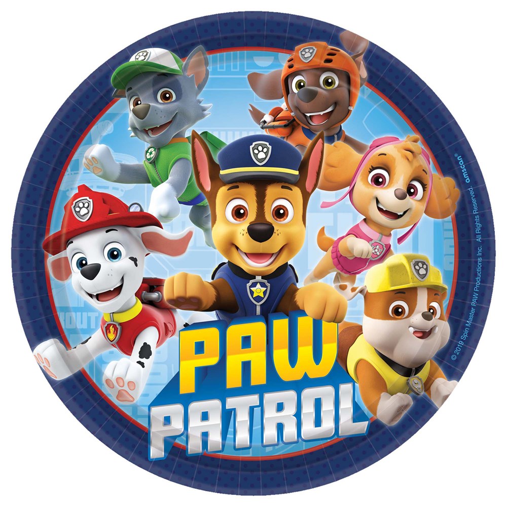 Round 7-inch paper plate featuring colorful Paw Patrol puppies with a blue border and "Paw Patrol" text in bold letters.
