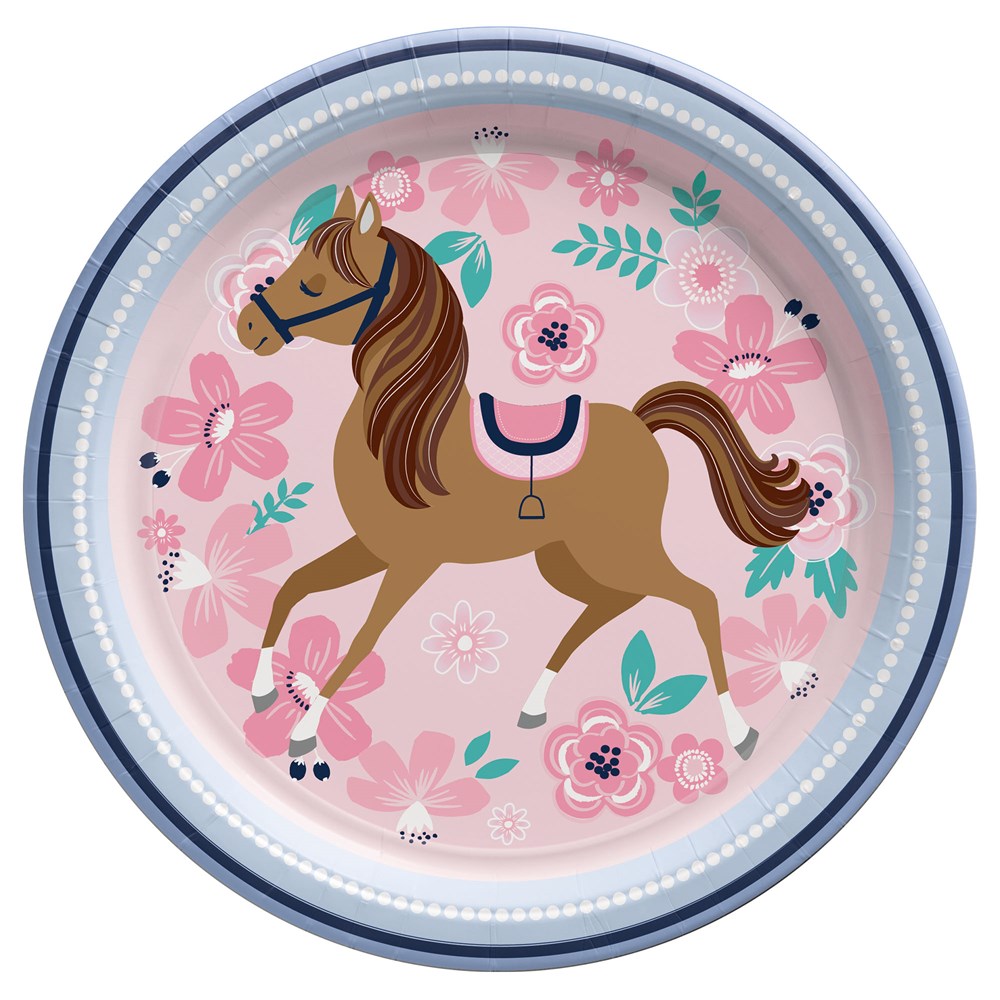 Round 7-inch plate with blue rim, featuring a brown horse illustration and pink floral background.