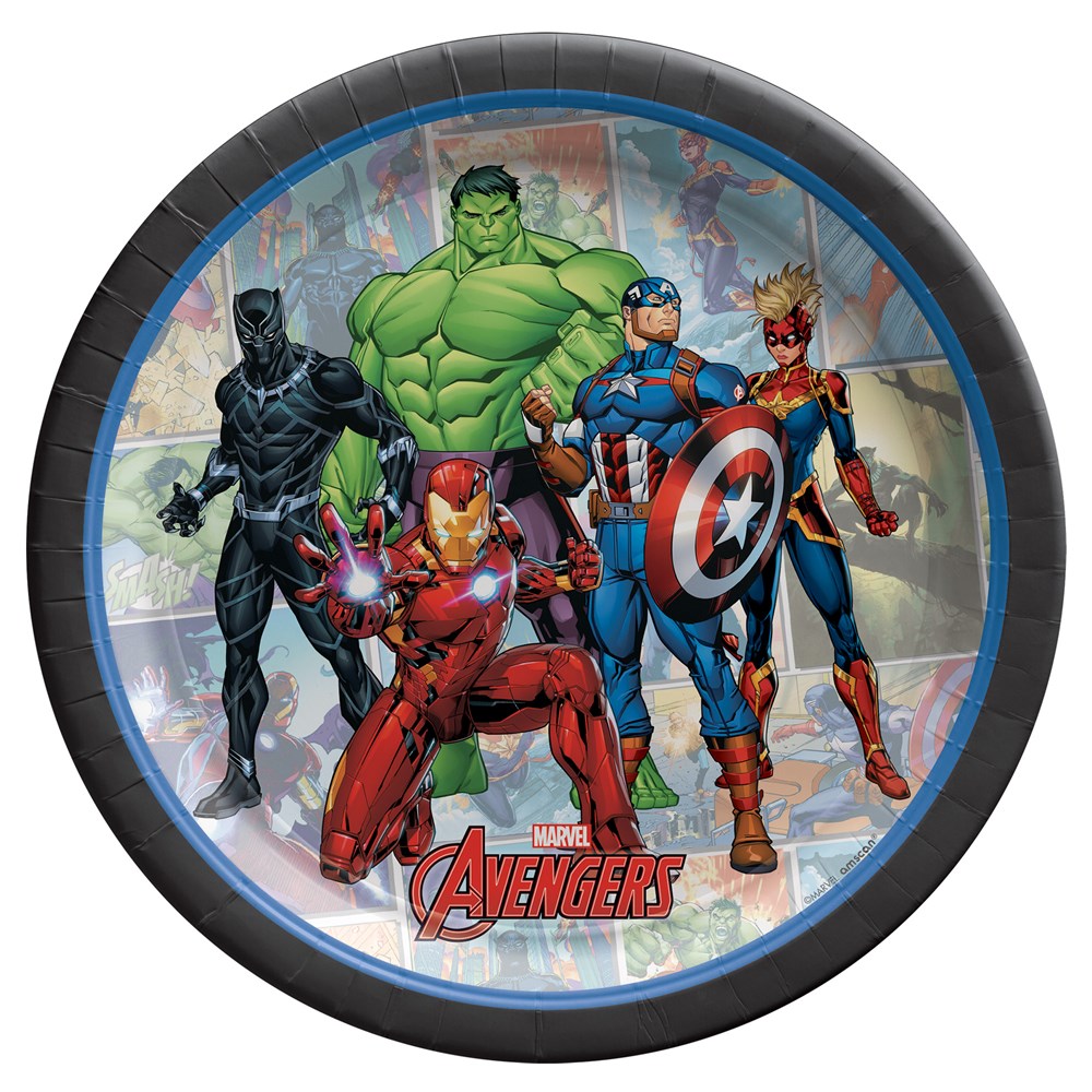 Round 7-inch disposable plate with Marvel Avengers characters in action poses on a blue and gray background, featuring Hulk,