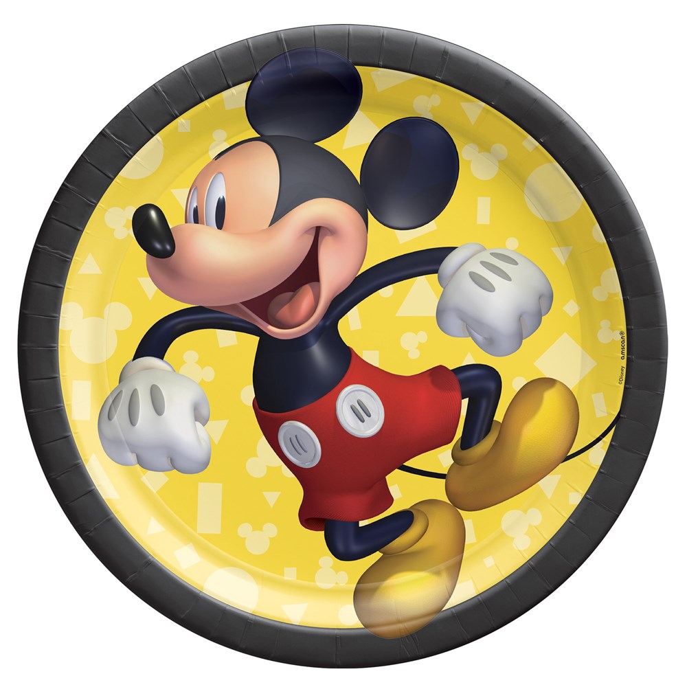 7-inch round paper plate with classic Mickey Mouse on yellow background and black rim.