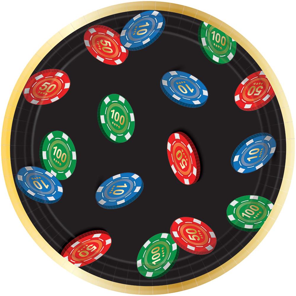 Round 7-inch paper plates with black background, gold rim, and colorful casino chips design.