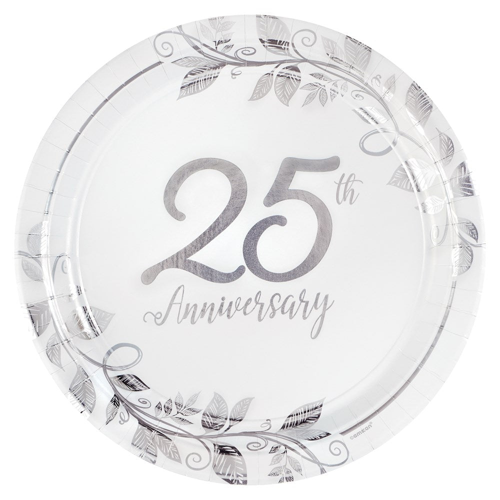 Round 7-inch silver metallic plate with "25th Anniversary" text and decorative leaf accents.