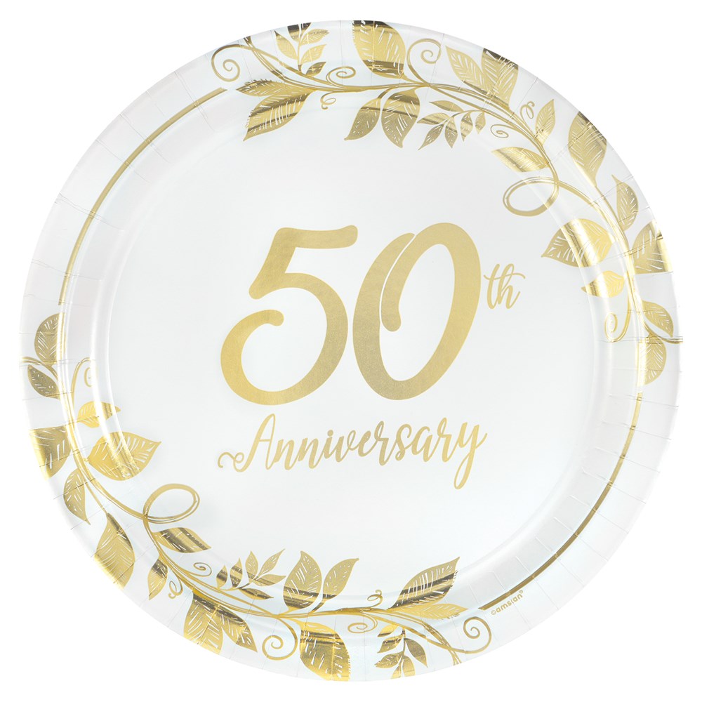 Round 7-inch white metallic plate with gold "50th Anniversary" text and decorative leaf accents.