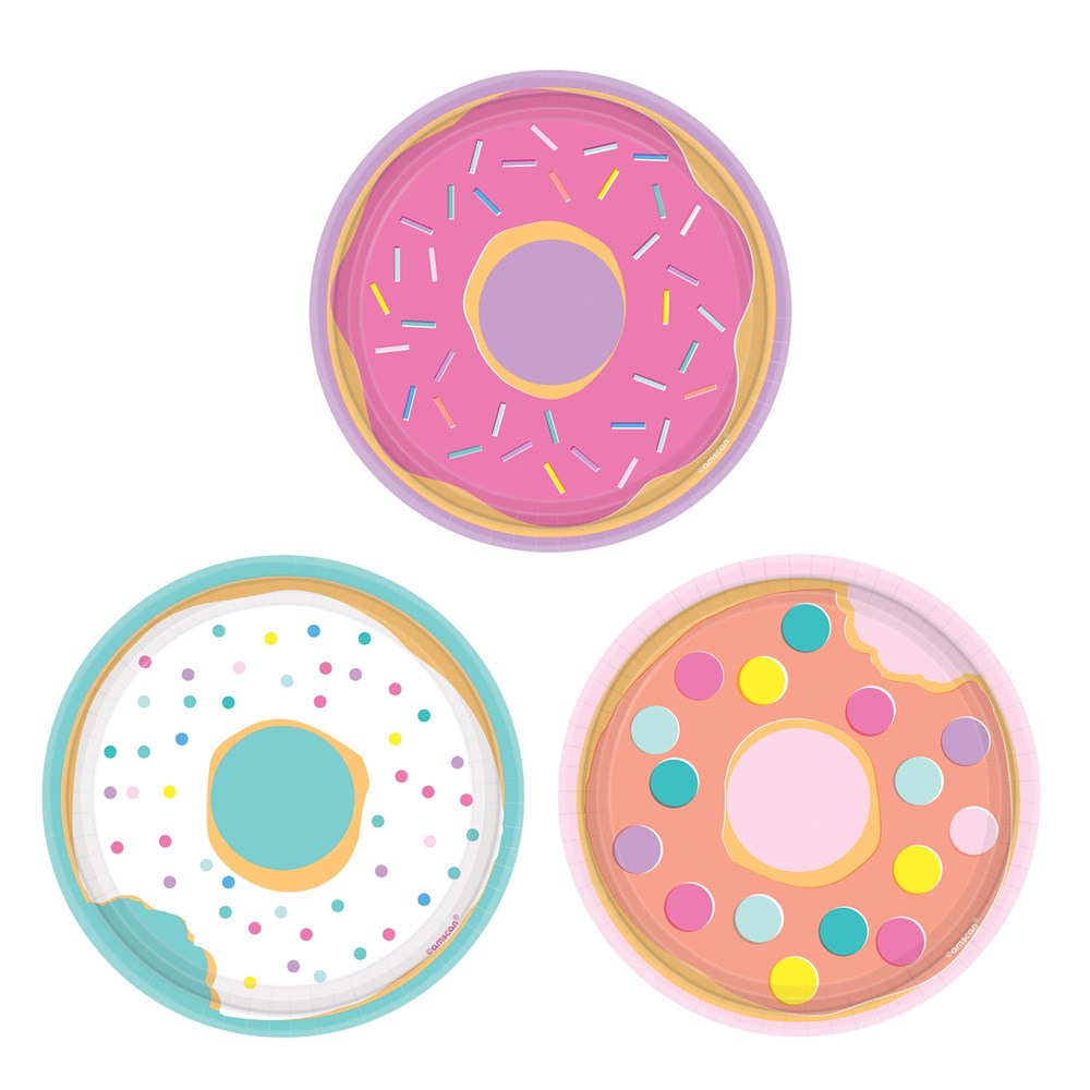 7-inch round paper plates shaped like donuts with colorful frosting and sprinkles, 8-pack.