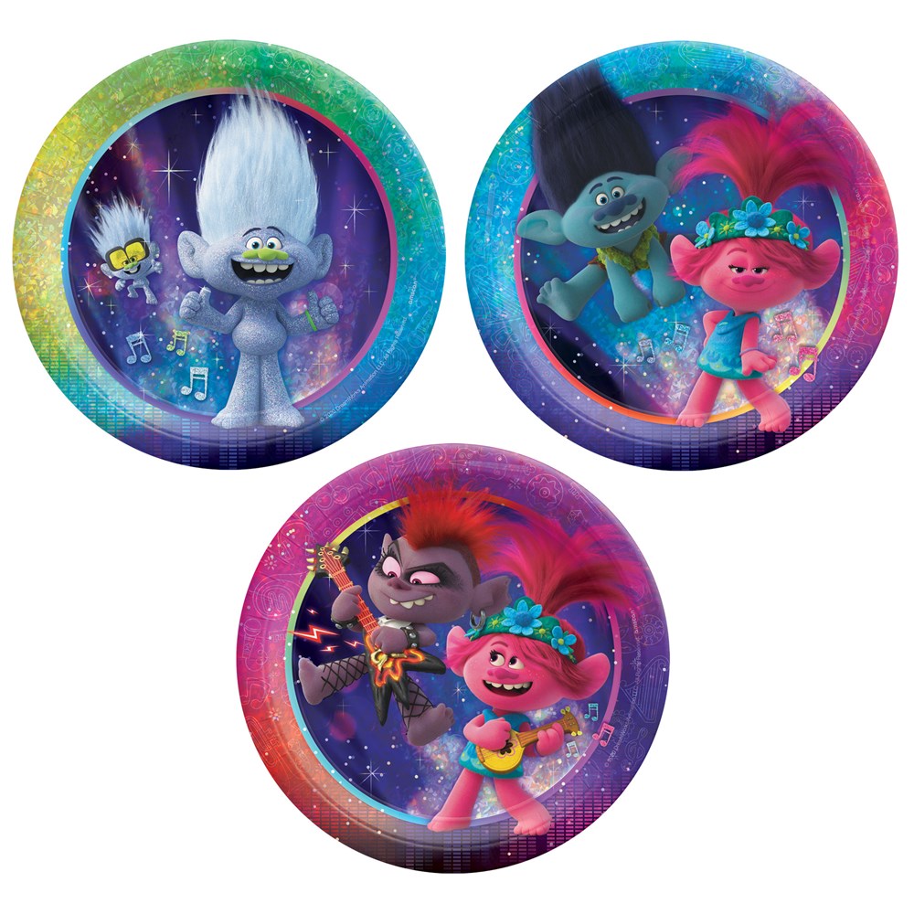 Set of three 7-inch round paper plates with colorful Trolls characters on vibrant galaxy backgrounds.
