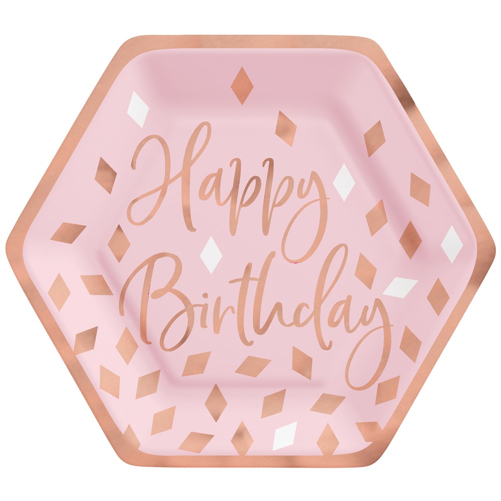Hexagon blush pink metallic plate with rose gold "Happy Birthday" script and geometric accents.