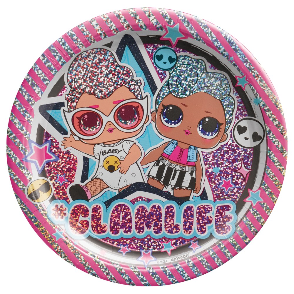 7-inch round paper plate with pink, silver, and blue glitter accents featuring two LOL Surprise dolls and "GLAMLIFE" text.