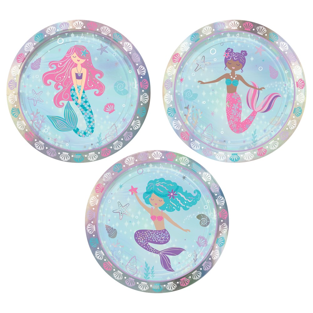 Set of three 7-inch round iridescent plates featuring colorful mermaids on a pastel blue background with seashell and.
