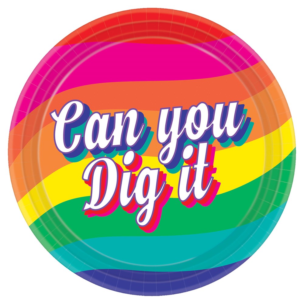 Round 7-inch paper plate with rainbow stripes and "Can you Dig it" in white and multicolor text.