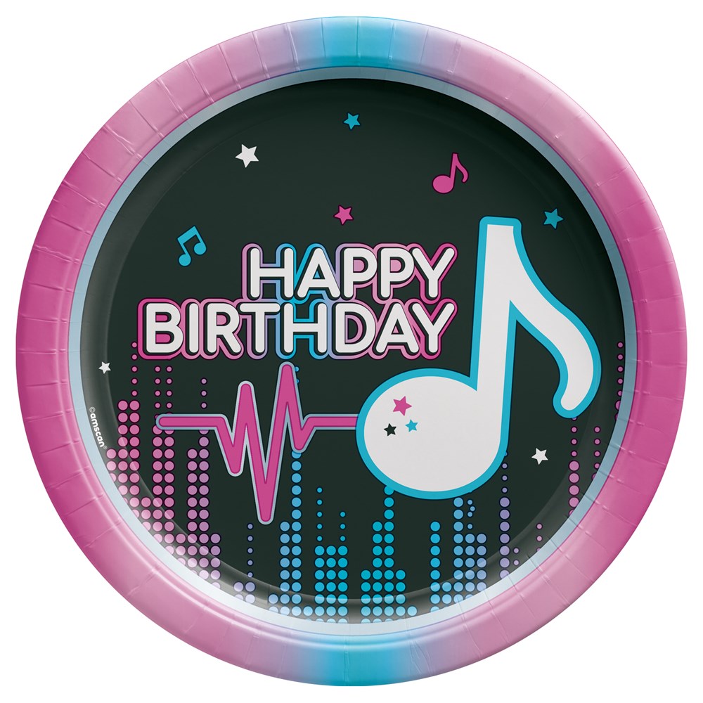 7-inch round paper plate with pink and blue gradient rim, black center featuring "Happy Birthday" text and colorful music.