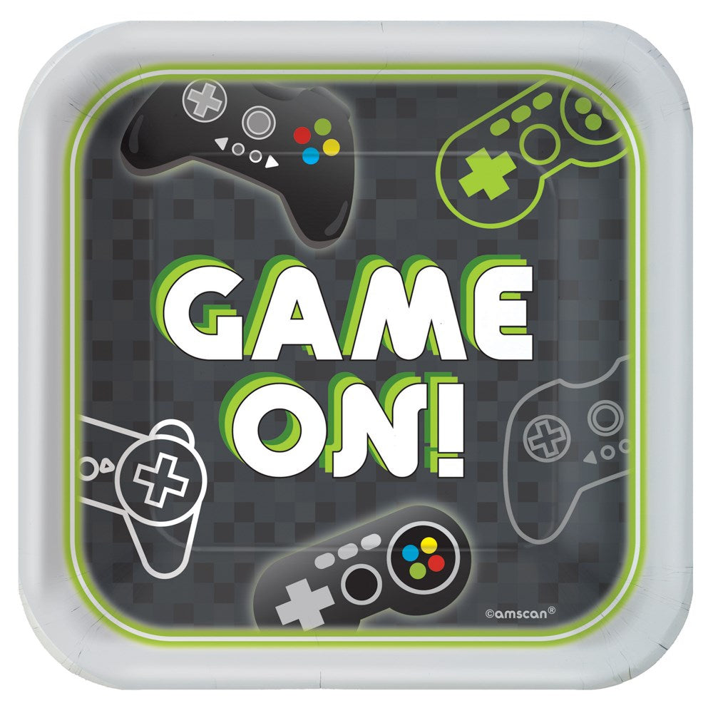 Square 7-inch disposable plate with video game controllers and "GAME ON!" text on a black checkered background.