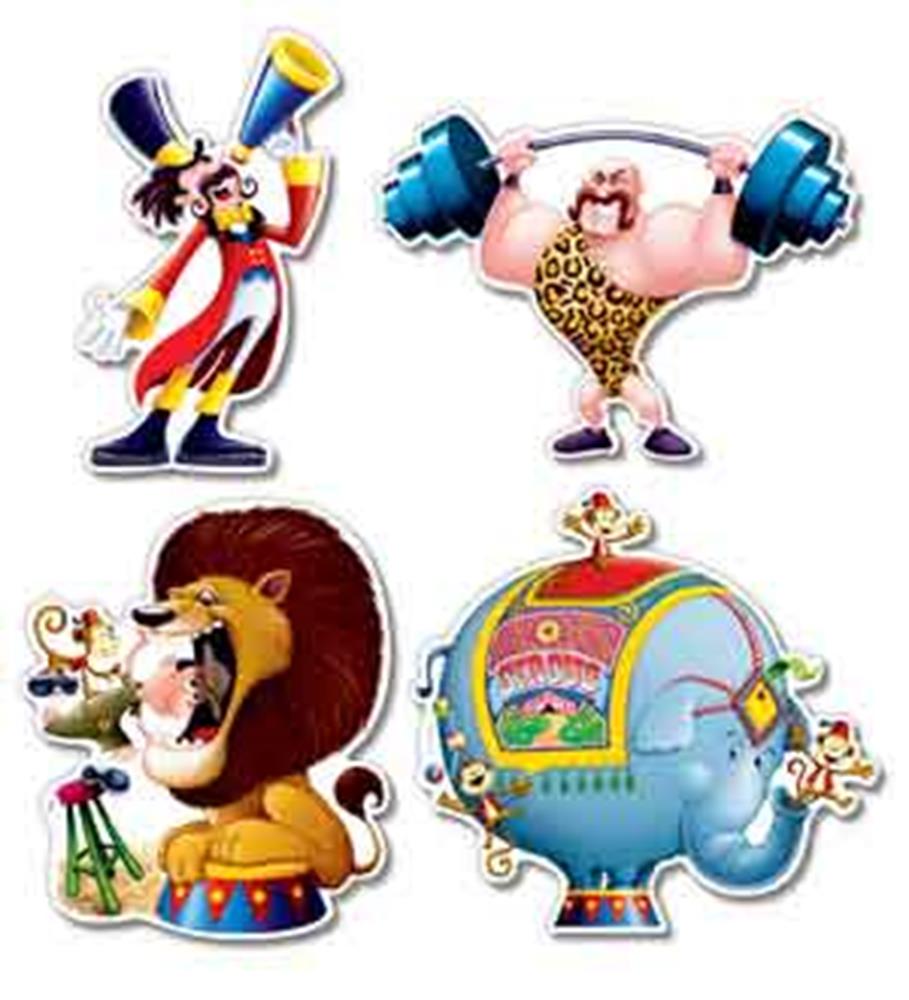 Set of colorful cartoon circus cutouts featuring a ringmaster with a megaphone, a strongman lifting a barbell, a lion tamer.