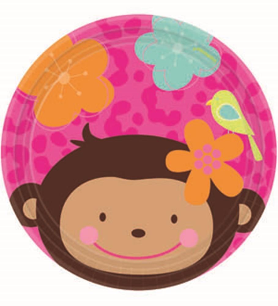 Small round paper plate with a smiling monkey face, pink background, and colorful flowers.
