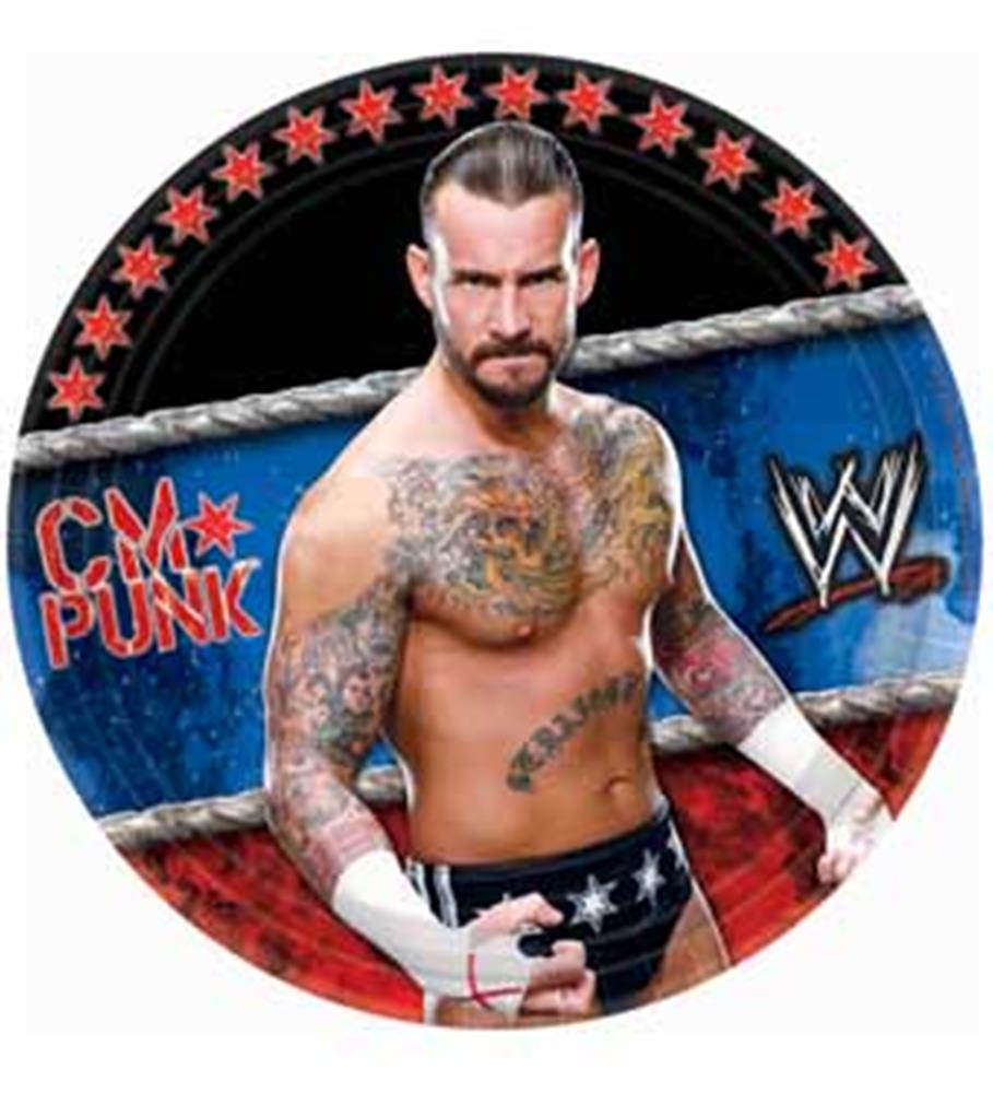Round paper plate featuring wrestler CM Punk with tattoos, black, red, and blue background, WWE logo, and red stars border.