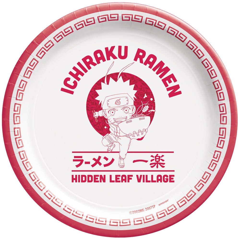 Round 7-inch paper plate with red trim, featuring Naruto character holding ramen bowl and text "Ichiraku Ramen" and "Hidden.