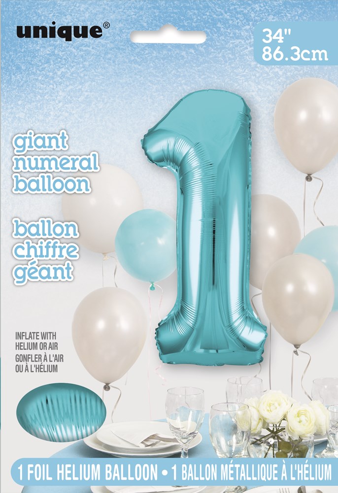 34-inch powder blue foil balloon shaped as number 1 with a shiny metallic finish.
