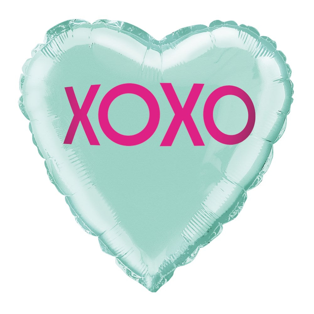 Teal heart-shaped foil balloon with bold pink "XOXO" text, 18 inches, flat design.