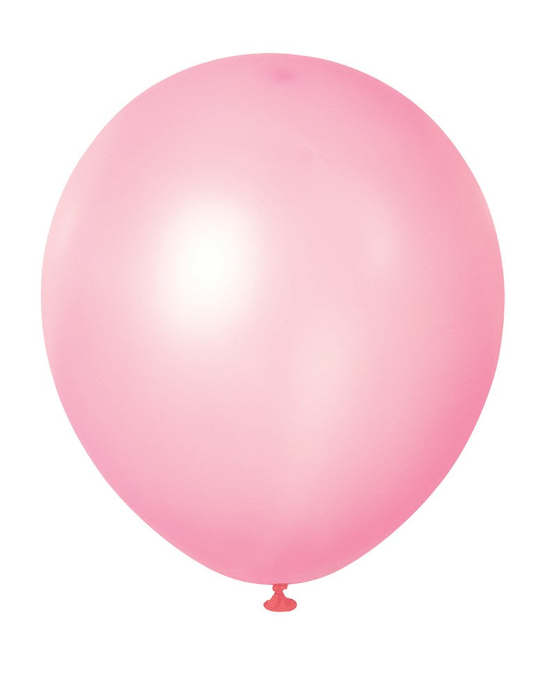 Glossy neon pink latex balloon inflated to a round 12-inch shape with tied end.