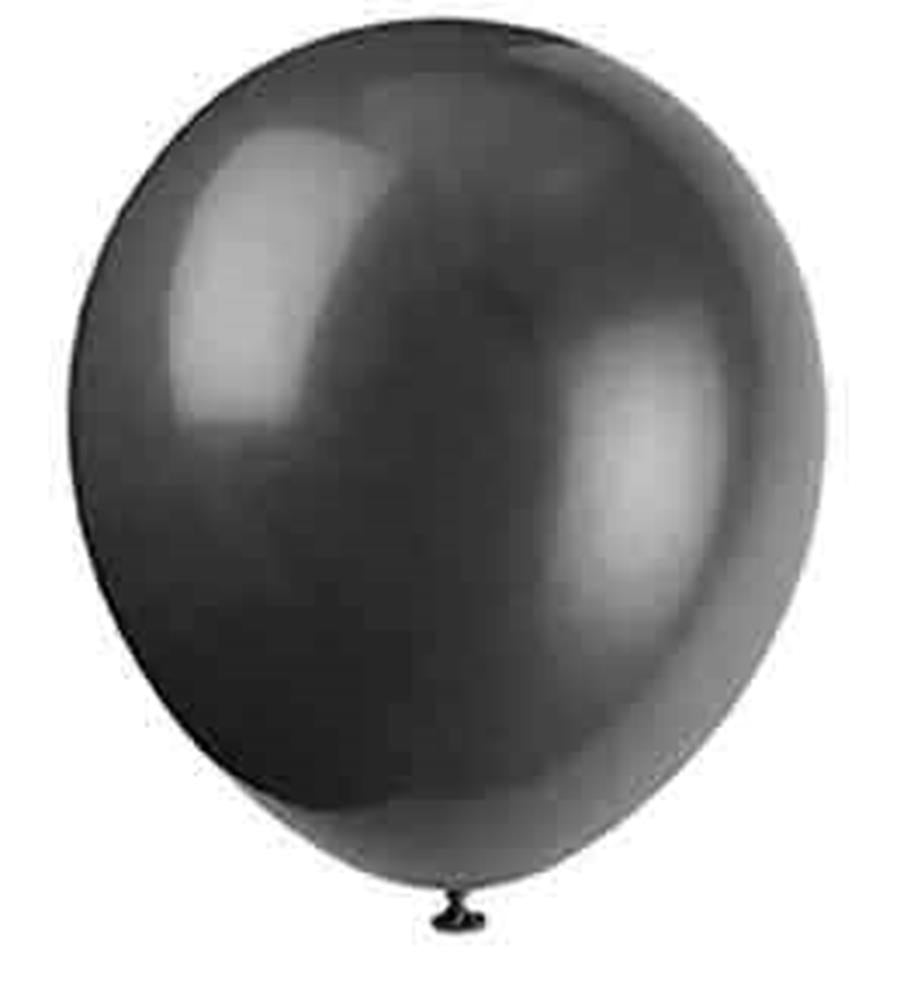 Glossy jet black 12-inch round latex balloon inflated and tied at the bottom.