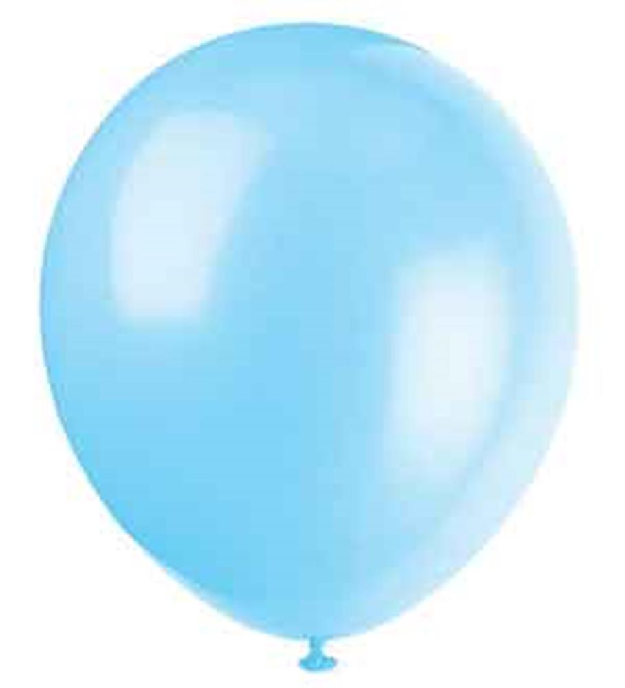 Glossy baby blue latex balloon, round shape, inflated with a tied end.