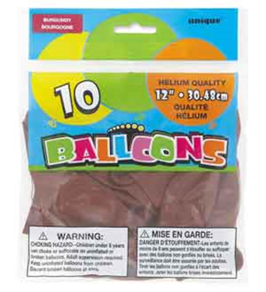 Pack of ten 12-inch burgundy latex balloons in sealed plastic packaging.