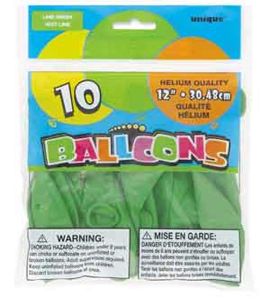 Pack of ten lime green 12-inch latex balloons in sealed retail packaging.