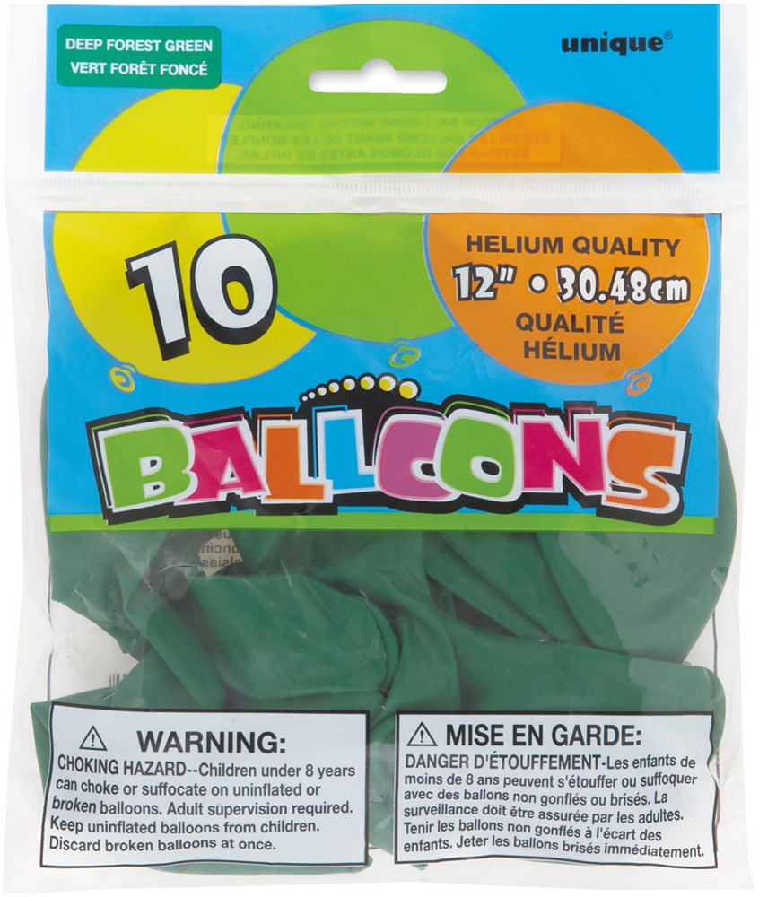 Pack of ten 12-inch dark forest green latex balloons in clear plastic packaging.