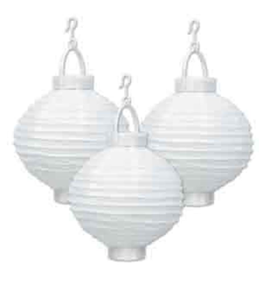 Three white spherical paper lanterns with ribbed texture and hooks for hanging.
