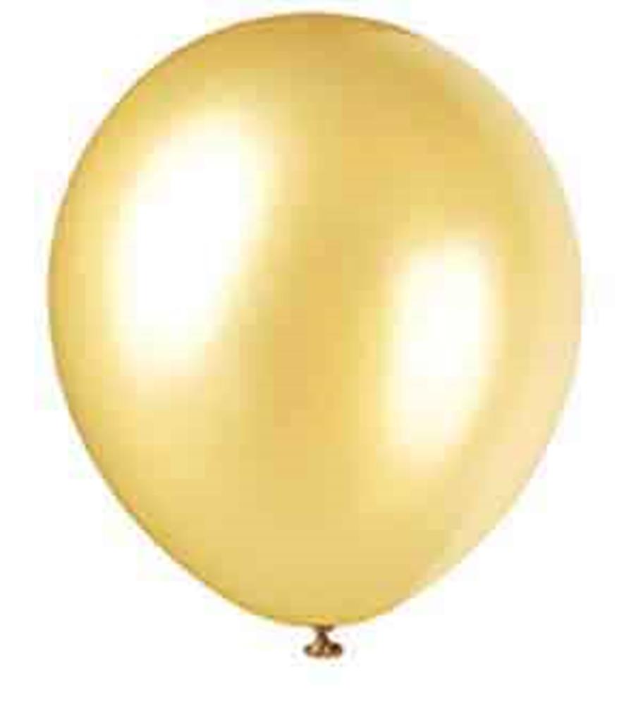 Shiny pearl gold 12-inch round latex balloon with a tied bottom knot.
