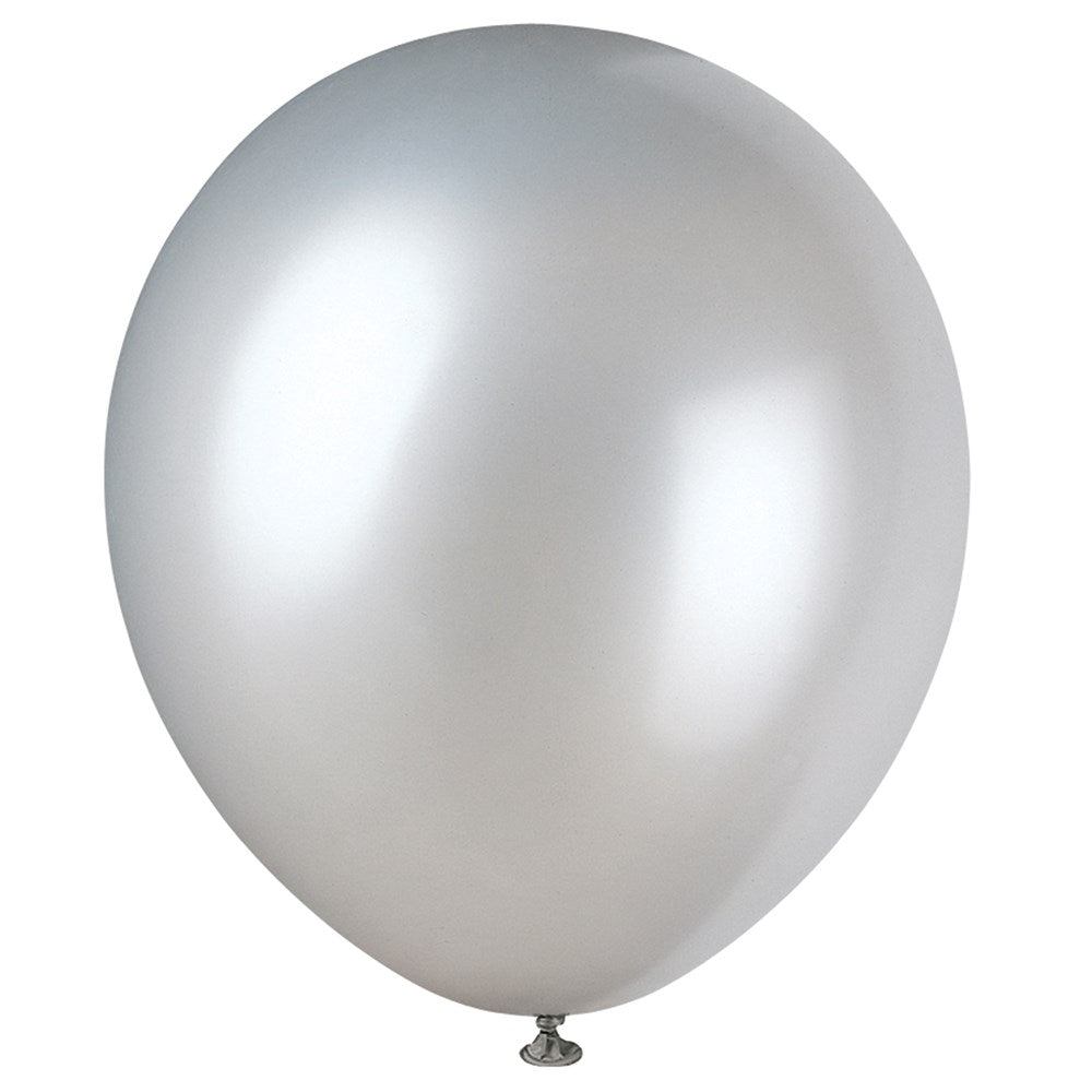 12-inch round silver latex balloon with a shiny, smooth surface.