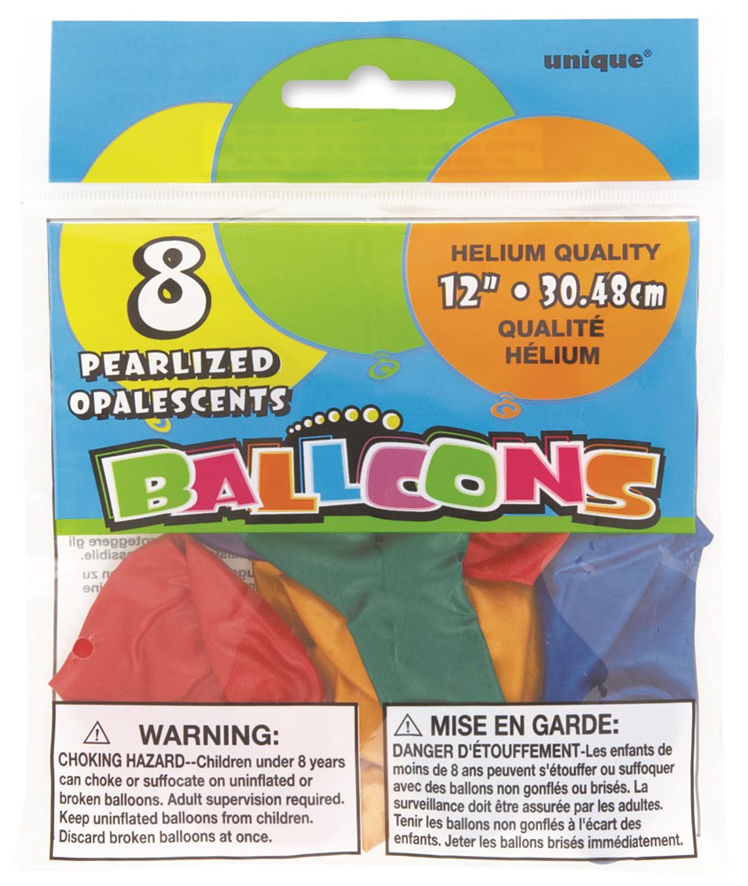 Pack of eight 12-inch pearlized latex balloons in assorted colors with helium quality label.