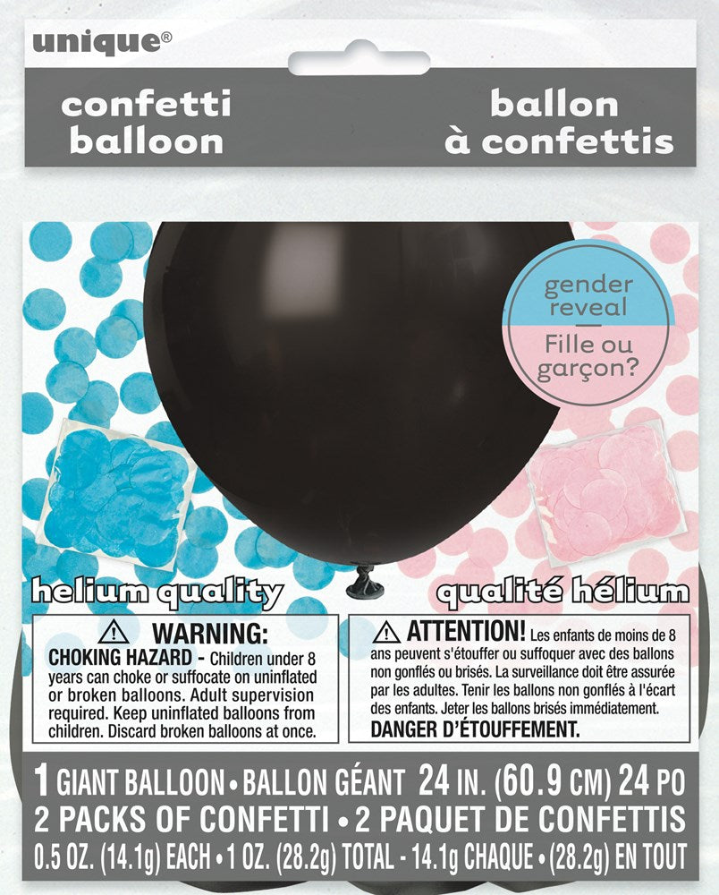 24-inch black confetti balloon for gender reveal with blue and pink polka dot packaging accents.