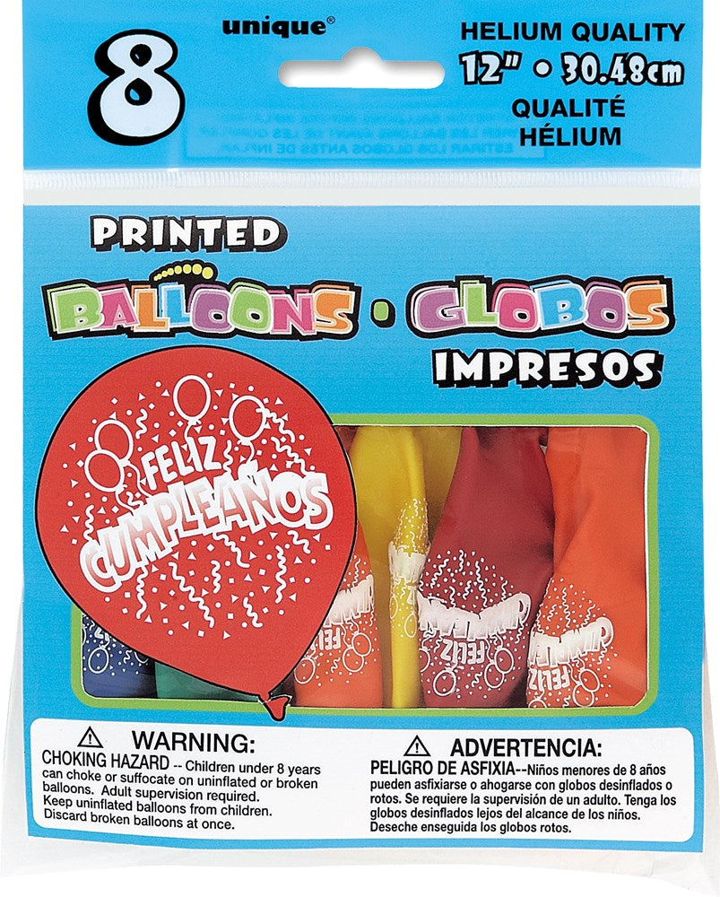 Set of 8 red 12-inch latex balloons with "Feliz Cumpleaños" white print and confetti design.