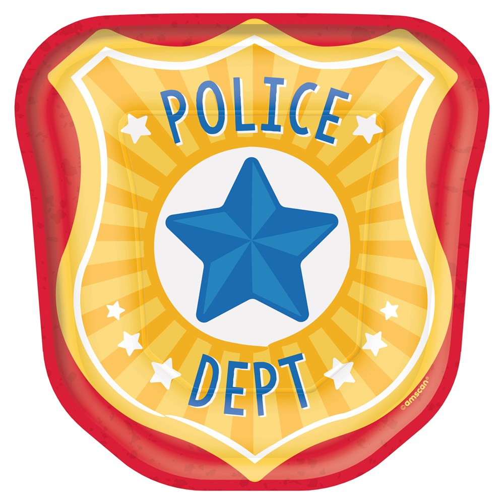 Red-edged, yellow police badge-shaped plate with blue star and "POLICE DEPT" text, 7-inch party plate.