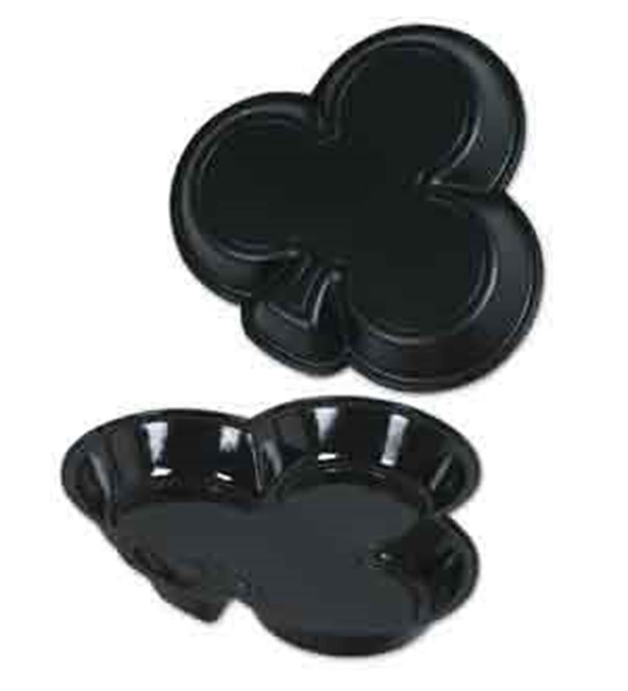 Black plastic tray shaped like a club suit symbol with glossy finish.