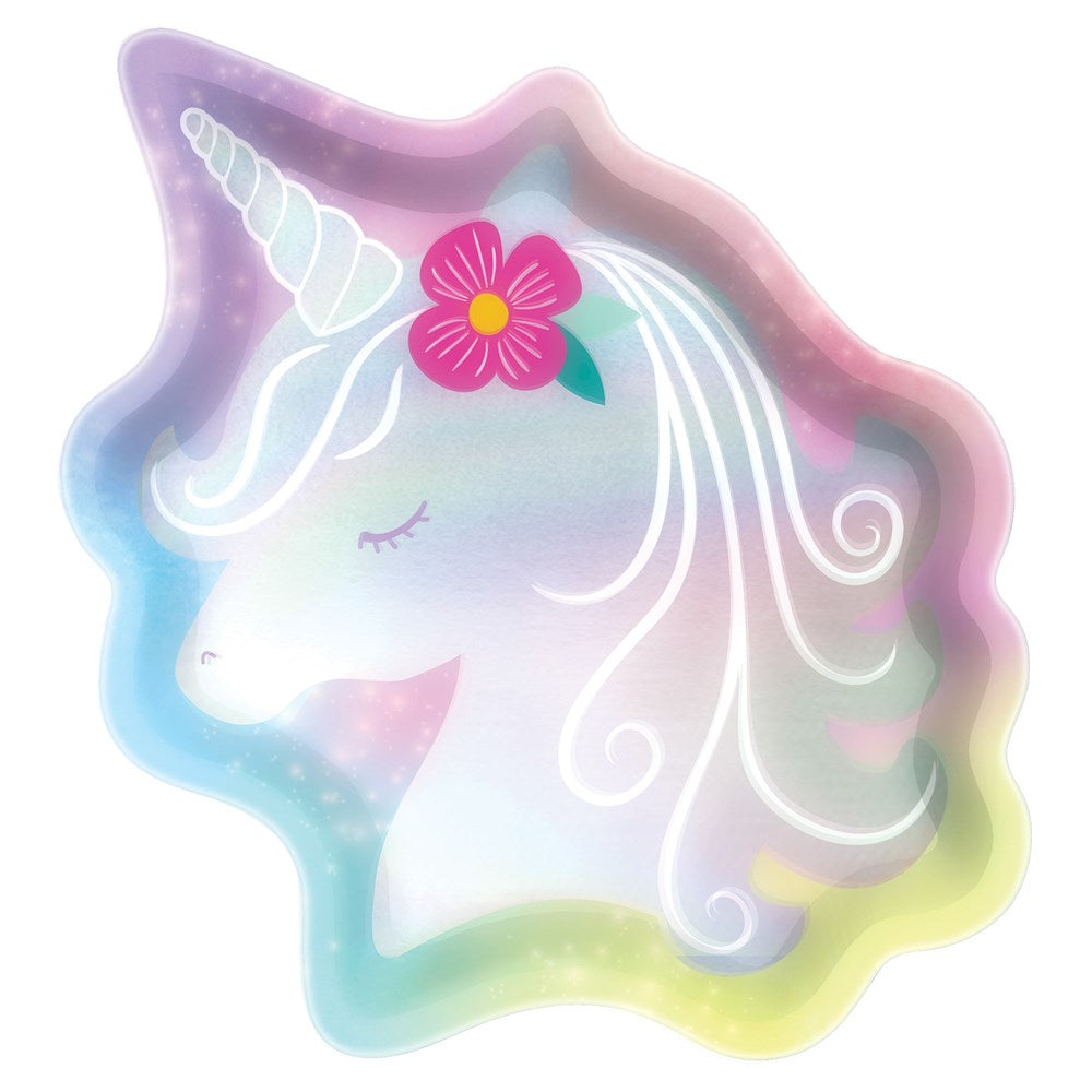 Iridescent 7-inch unicorn-shaped plate with pastel rainbow hues, white mane, pink flower, and closed eye design.