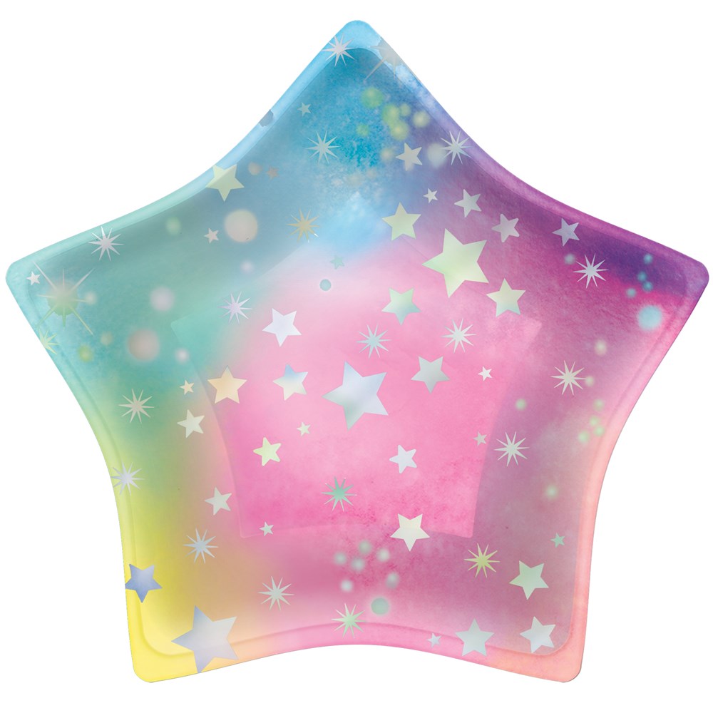 Iridescent star-shaped plate with a pastel rainbow gradient and scattered small star patterns.