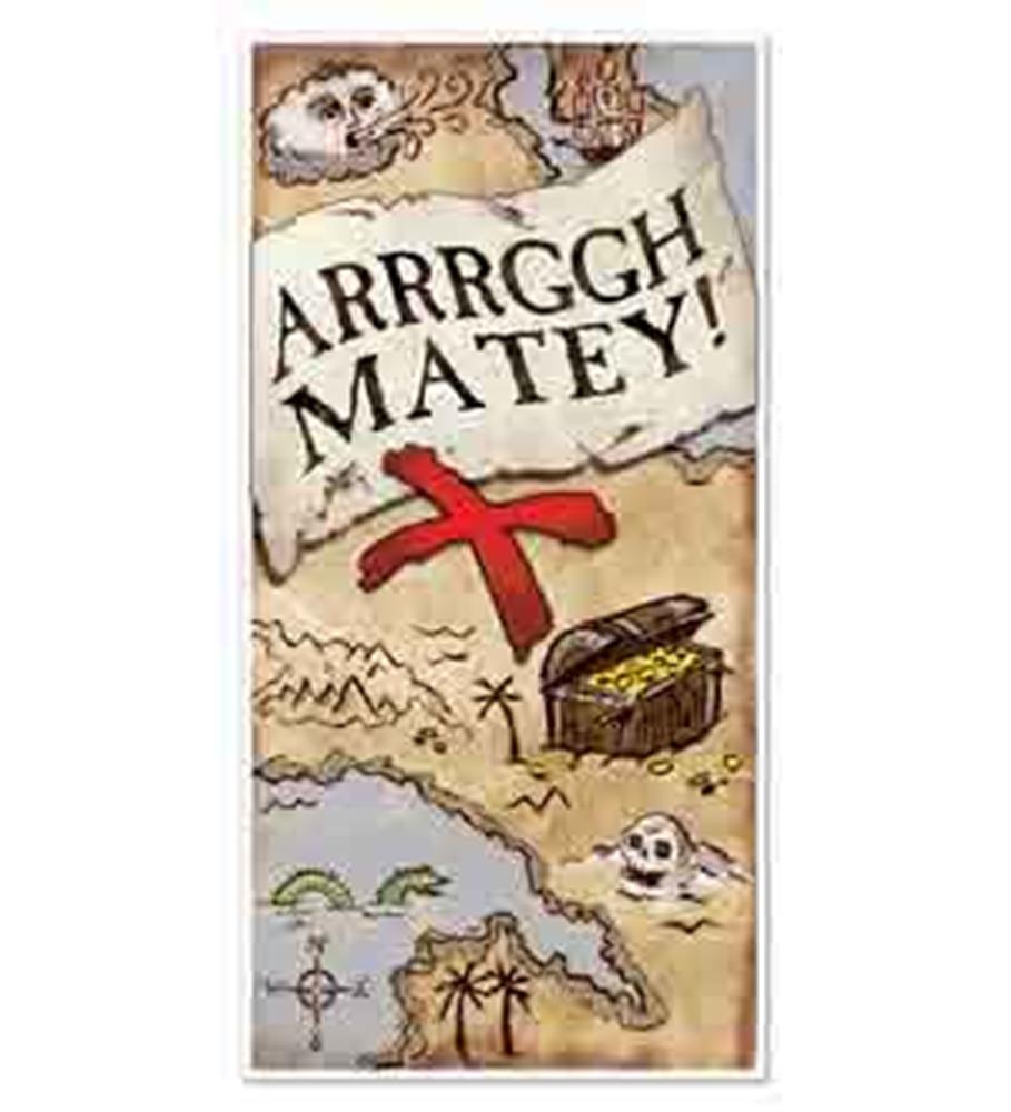 Door cover resembling an aged pirate treasure map with “ARRRGGH MATEY!” text, red X mark, treasure chest, skulls, and sea.