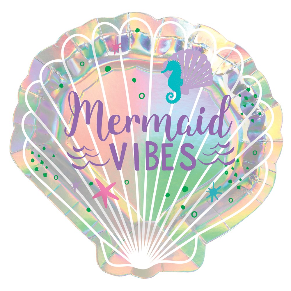 Iridescent shell-shaped plate with pastel rainbow hues, "Mermaid Vibes" text, and sea-themed graphics.