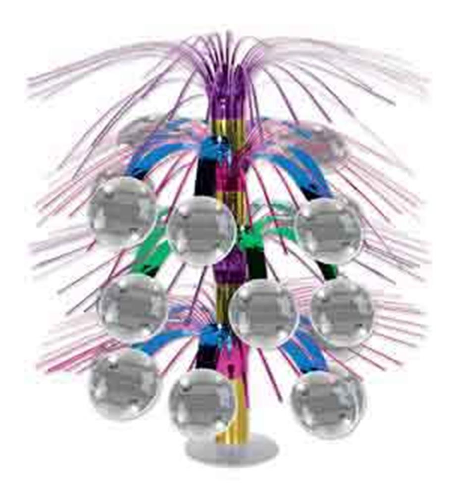 70s style disco ball centerpiece with reflective silver spheres and colorful metallic streamers.