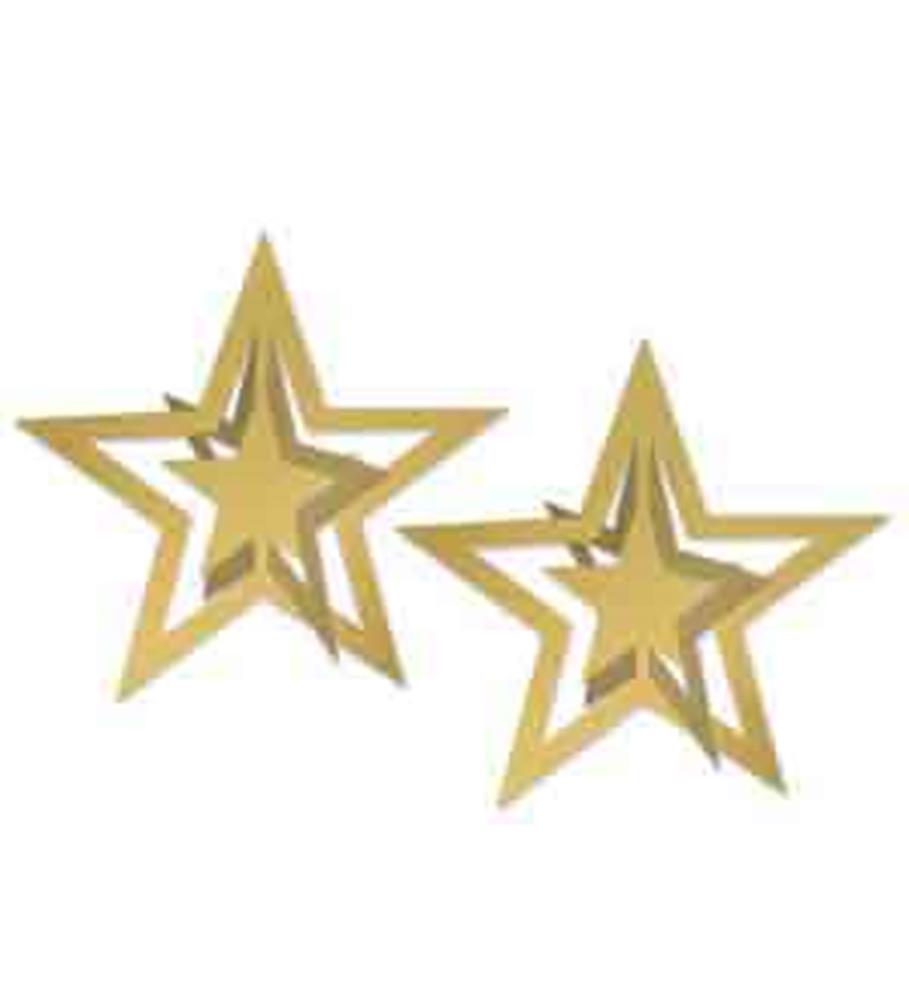 Gold metallic 3D hanging stars with layered open and solid star shapes for decorations.