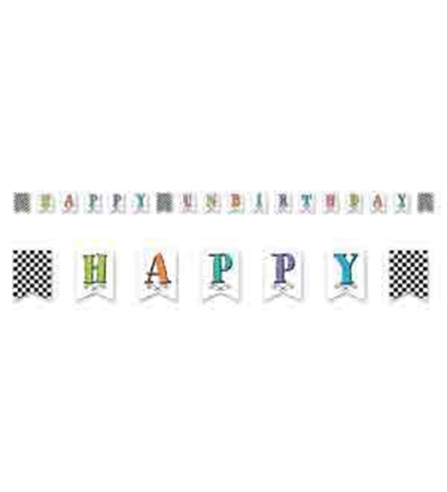 Colorful "Happy Un-Birthday" banner with whimsical fonts on white pennants and black-and-white checkered flags.