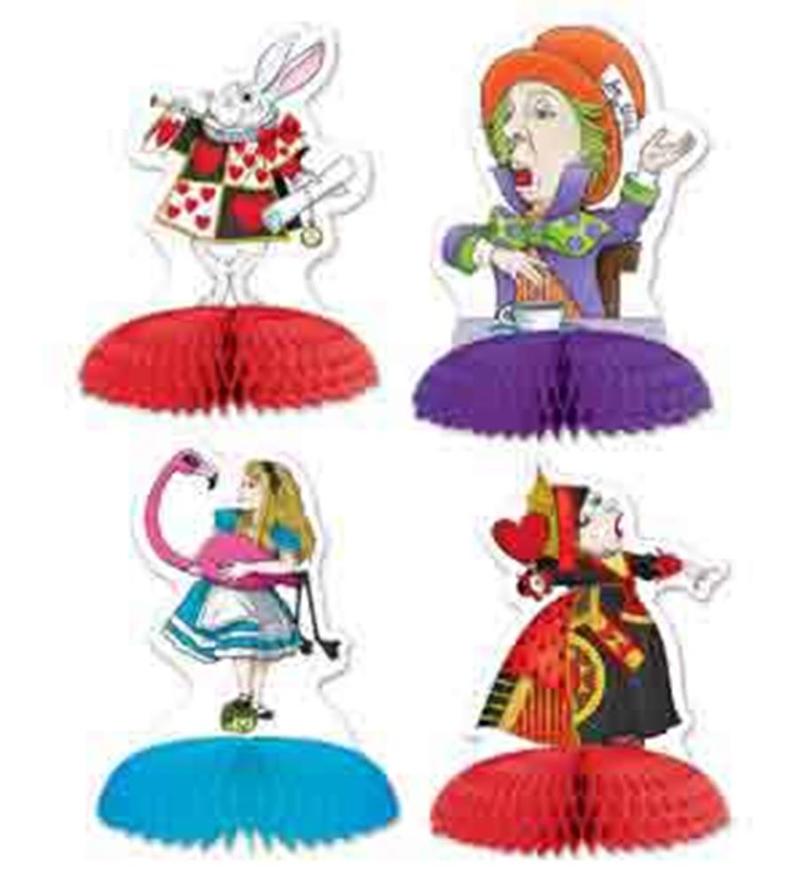 Four colorful Alice in Wonderland-themed paper centerpieces featuring the White Rabbit, Mad Hatter, Alice, and Queen of.