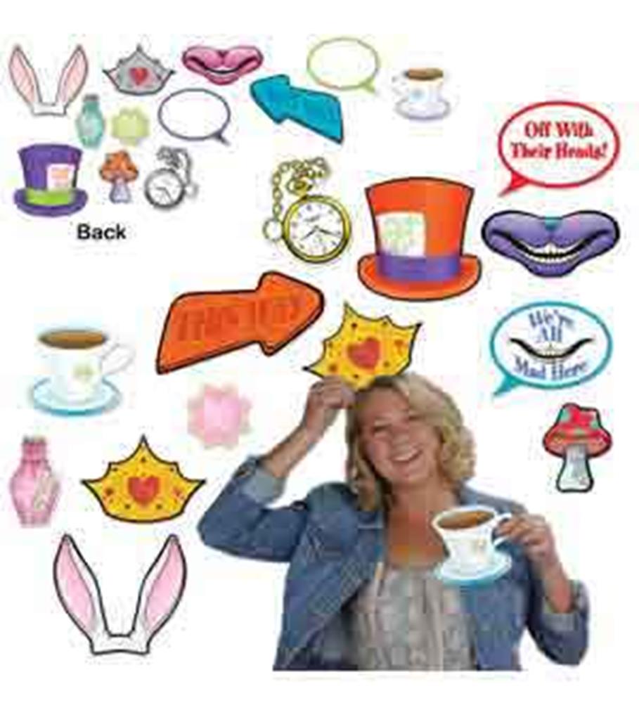 Colorful Alice in Wonderland-themed photo booth props including hats, teacups, bunny ears, clocks, speech bubbles, and.