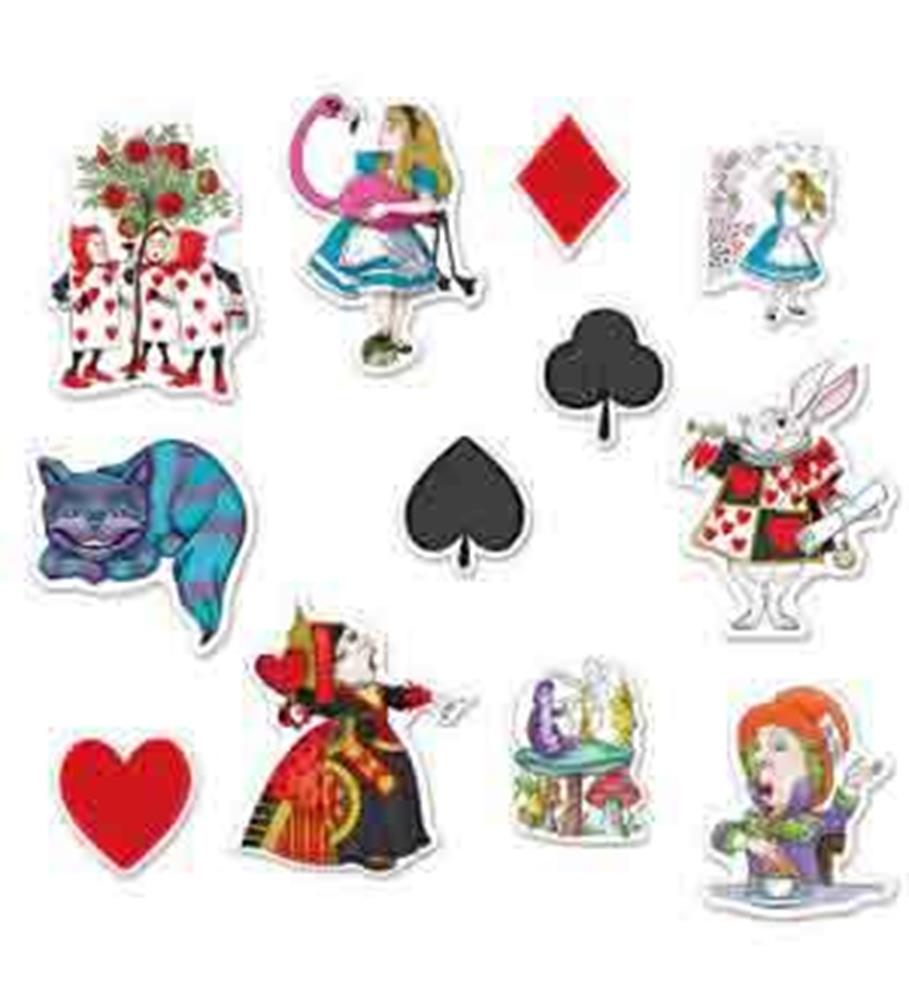Alice in Wonderland colorful cardboard cutout set featuring characters, playing card suits, and themed elements.