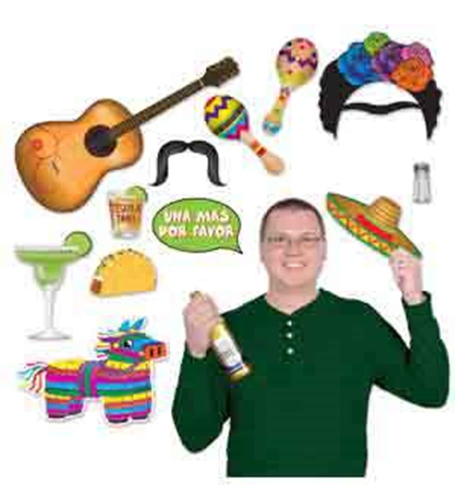 Colorful cardboard photo props including guitar, maracas, taco, sombrero, margarita, sign with "Una Mas Por Favor,".