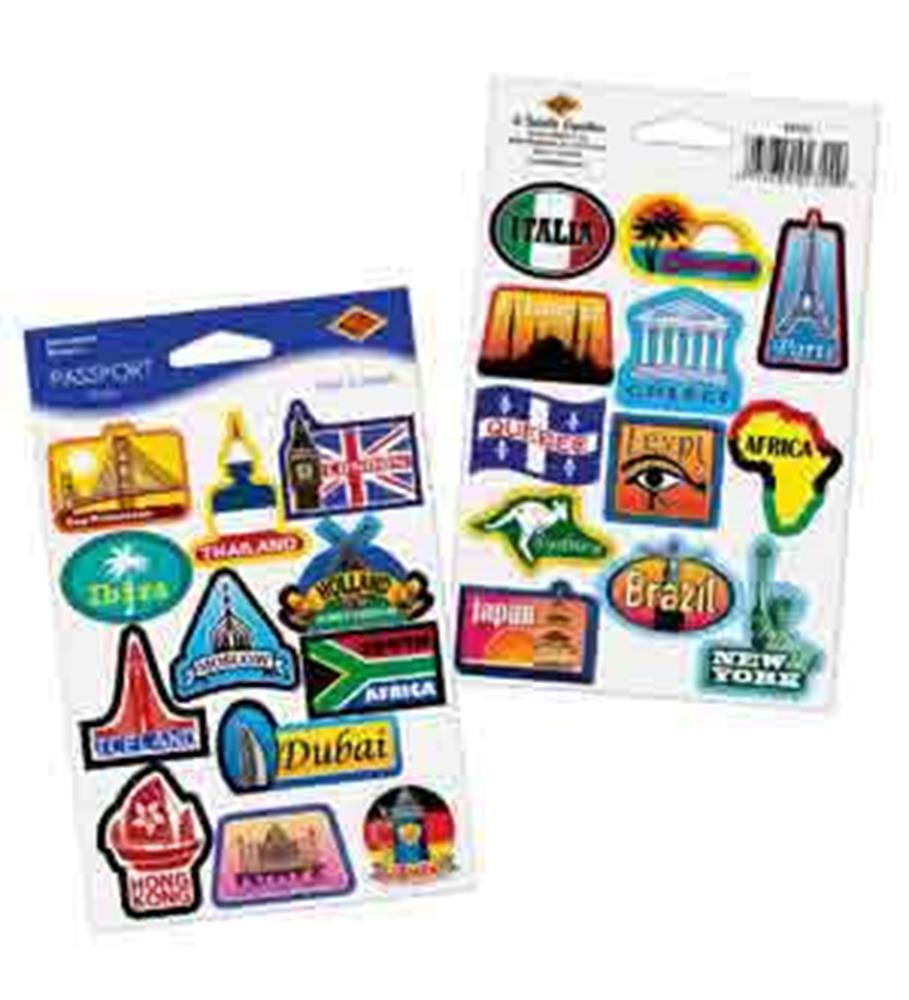 Colorful passport-themed stickers featuring landmarks and flags from countries like Italy, Brazil, Japan, and South Africa.